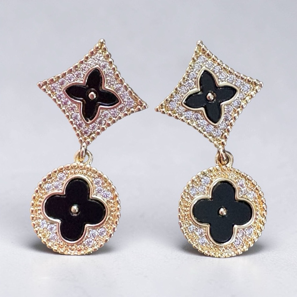 Gold tone black Enamel Drop Earrings with Crystal Halo - Picture 3 of 3